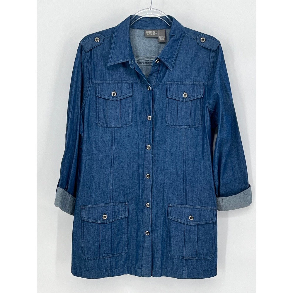 CHICO'S Utility Denim Shirt Women Blue Long Sleeve Button Front Safari Pockets